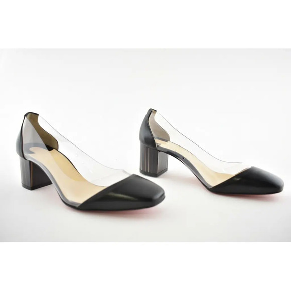 Christian Louboutin Grandola 55 Black Leather PVC Block Heel Sandal Pump 36.5 - Picture 4 of 12